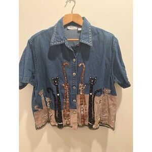 Vtg Dressbarn Whimsical Embroidered Cats Denim Shirt Short Sleeve Sz 1X